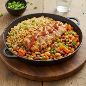 Beans, Rice, Grilled chicken sauce
